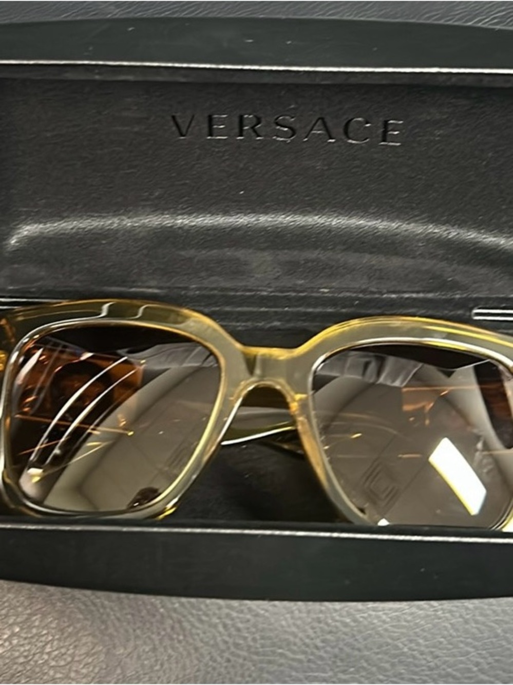 Versace Amber Translucent Square Sunglasses with Gradient Brown Lenses